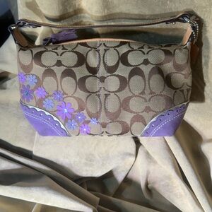 Coach Brown Signature Canvas Shoulder Bag with Purple Floral Details